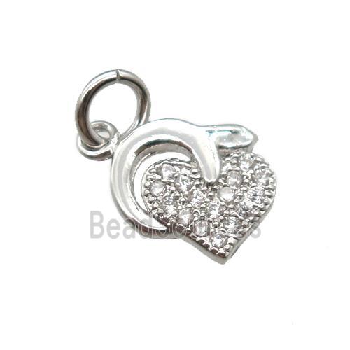 copper heart pendant paved zircon, platinum plated