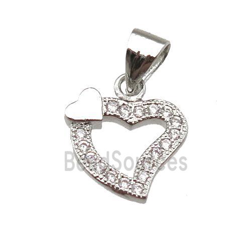 copper heart pendant paved zircon, platinum plated