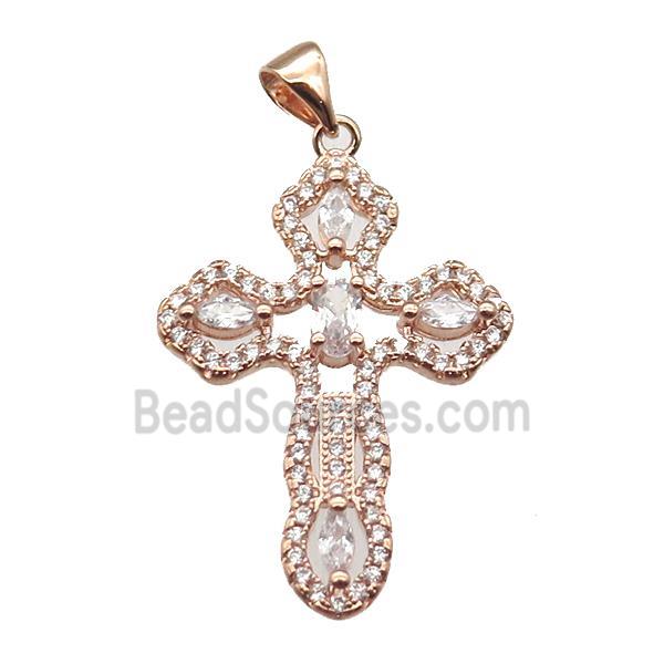 copper cross pendant paved zircon, rose gold