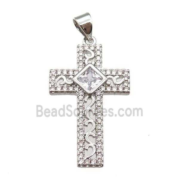 copper cross pendant paved zircon, platinum plated