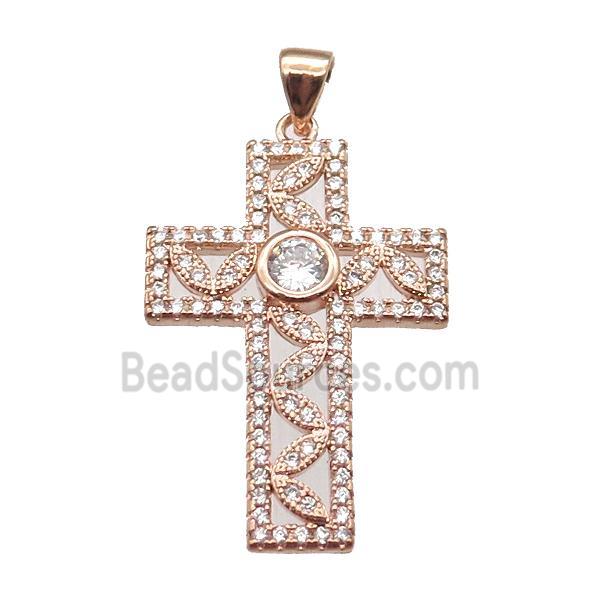 copper cross pendant paved zircon, rose gold