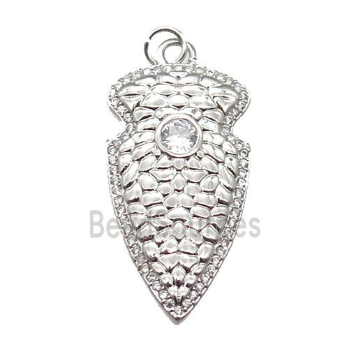 copper arrowhead pendant paved zircon, platinum plated