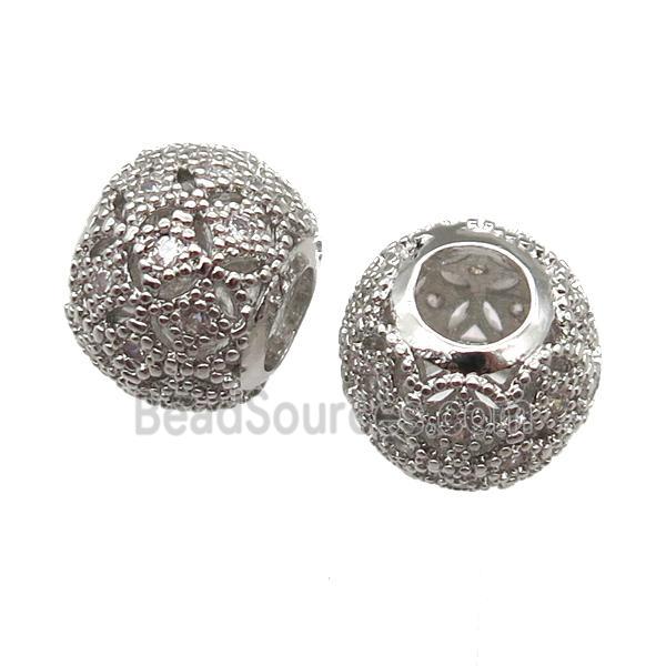 European Style copper round beads paved zircon, platinum plated