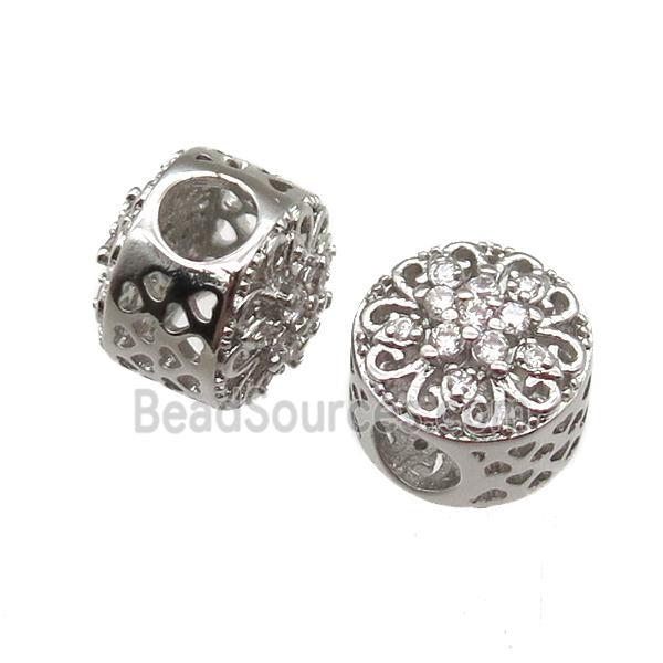 European Style copper rondelle beads paved zircon, platinum plated