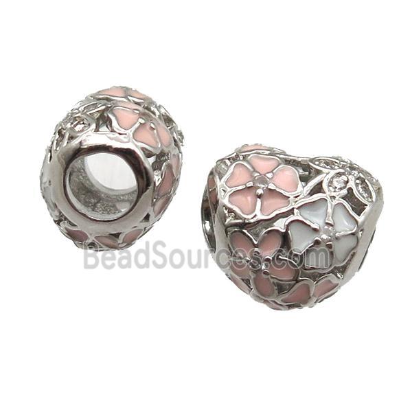 European Style copper heart beads, Enameling, platinum plated