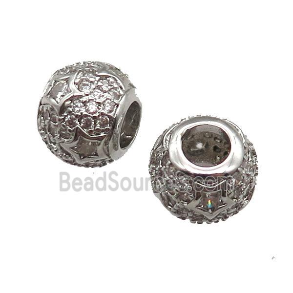 European Style copper round beads paved zircon, platinum plated