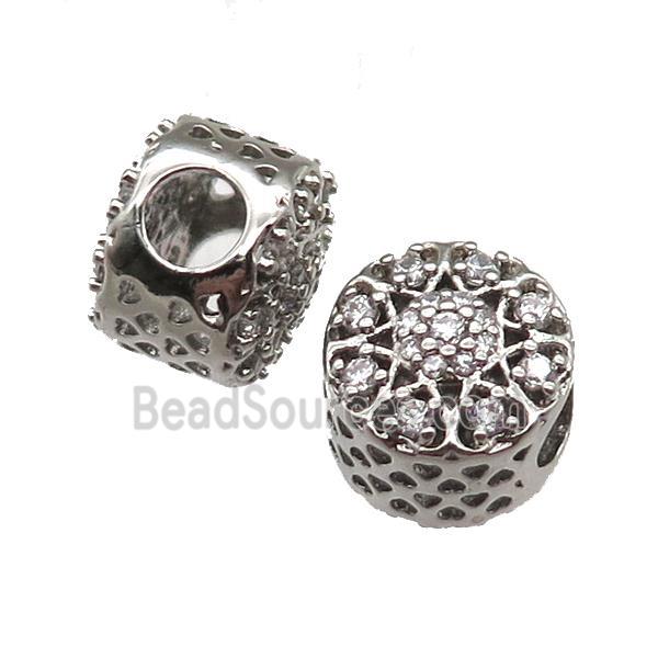 European Style copper rondelle beads paved zircon, platinum plated