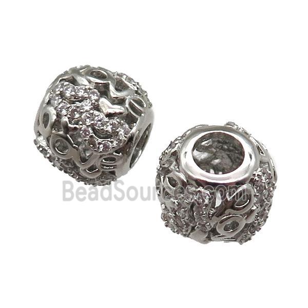 European Style copper round beads paved zircon, platinum plated