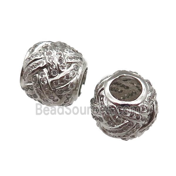 European Style copper beads paved zircon, large hole, platinum plated