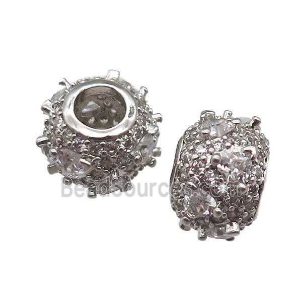 European Style copper rondelle beads paved zircon, platinum plated