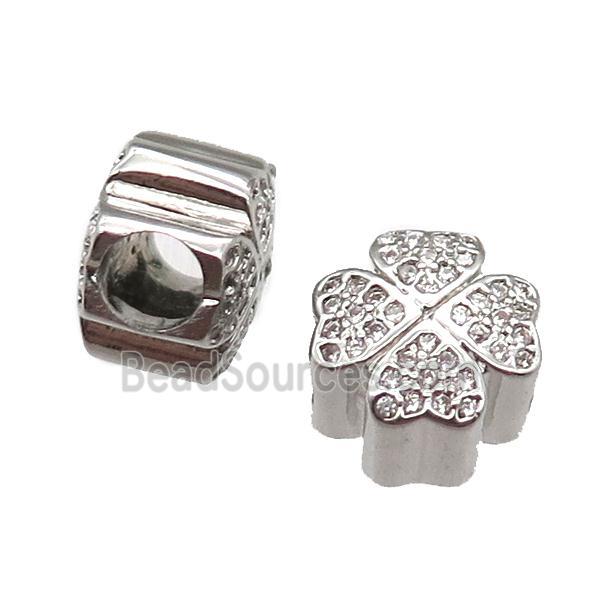 European Style copper clover beads paved zircon, platinum plated