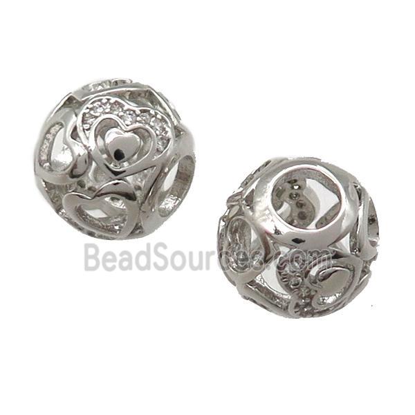 European Style copper round beads paved zircon, hollow, platinum plated