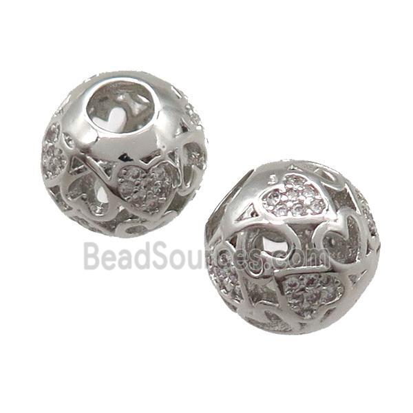 European Style copper round beads paved zircon, platinum plated