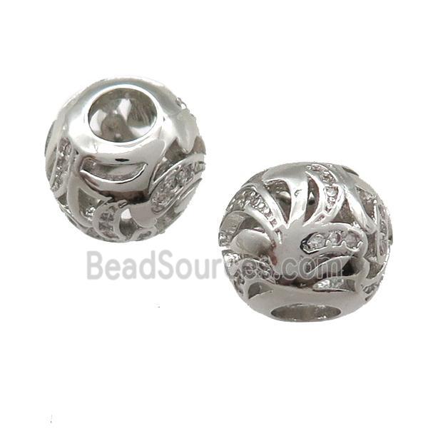 European Style copper round beads paved zircon, platinum plated