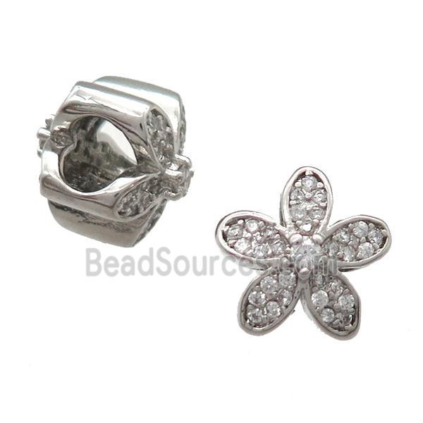 European Style copper flower beads paved zircon, platinum plated