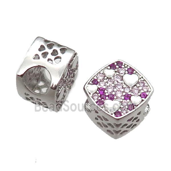 European Style copper square beads paved zircon, platinum plated