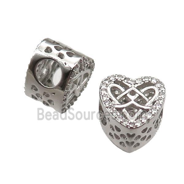 European Style copper heart beads paved zircon, platinum plated