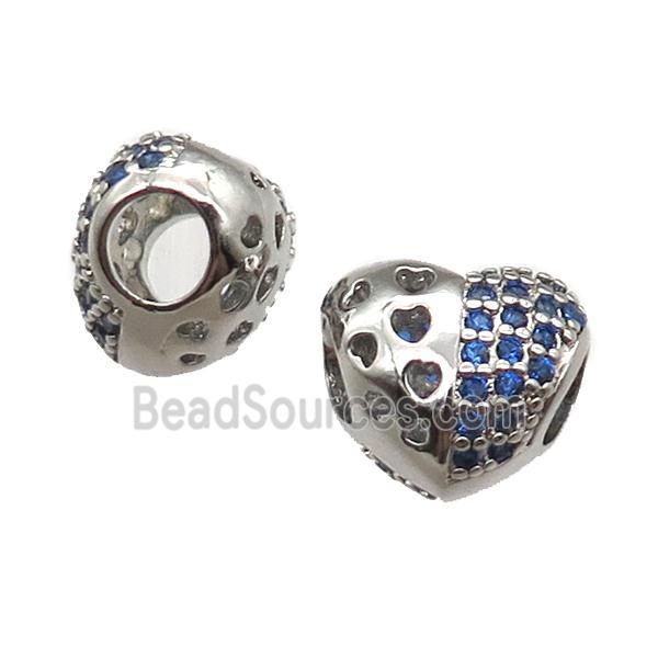 European Style copper heart beads paved zircon, platinum plated