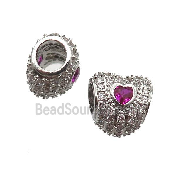 European Style copper heart beads paved zircon, platinum plated