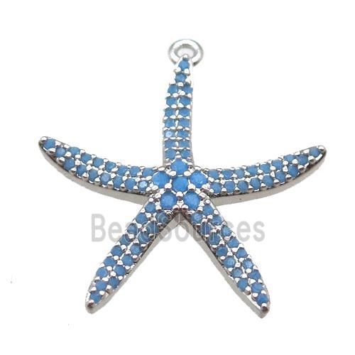 copper starfish pendant paved zircon, turq, platinum plated