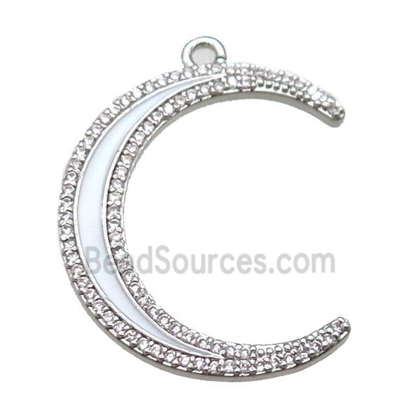 copper crescent moon pendant paved zircon, enameling, platinum plated