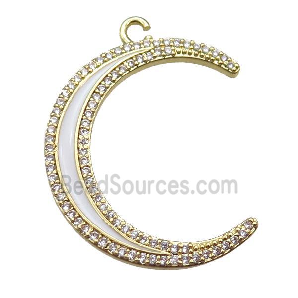 copper crescent moon pendant paved zircon, enameling, gold plated