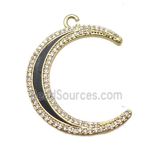 copper crescent moon pendant paved zircon, enameling, gold plated