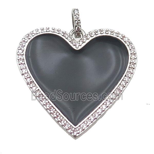 copper heart pendant paved zircon, enameling, platinum plated