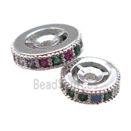 copper spacer beads paved zircon, heishi, platinum plated