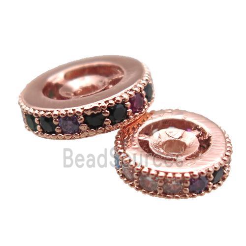 copper spacer beads paved zircon, heishi, rose gold