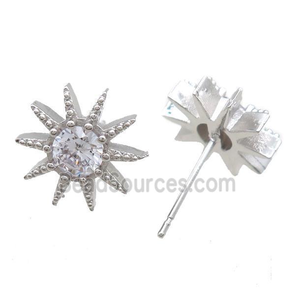 copper studs Earrings paved zircon, platinum plated