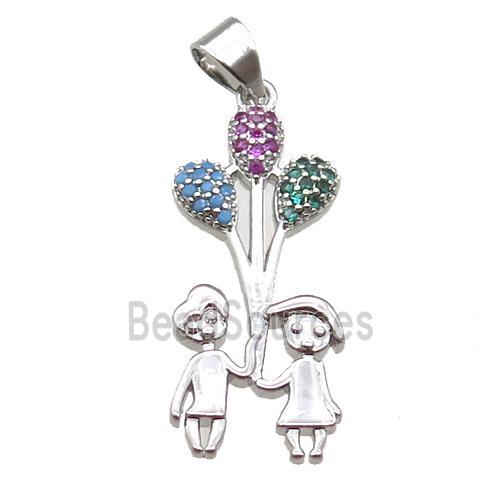 copper couple pendant paved zircon, platinum plated