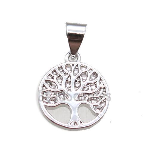 copper pendant paved zircon, tree of life, platinum plated