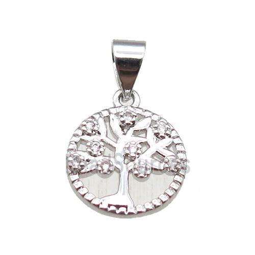 copper pendant paved zircon, tree of life, platinum plated