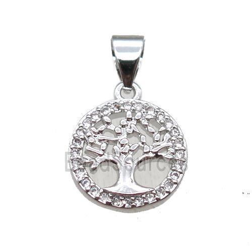 copper pendant paved zircon, tree of life, platinum plated