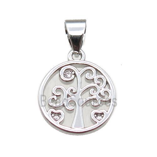 copper pendant paved zircon, tree of life, platinum plated