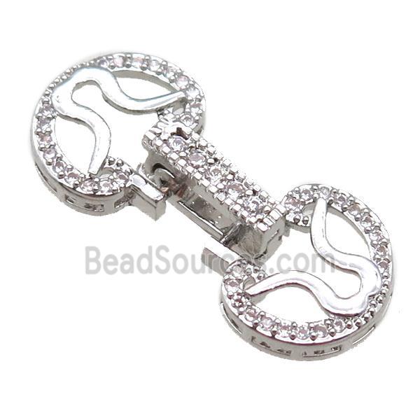 copper connector clasp paved zircon, circle, platinum plated