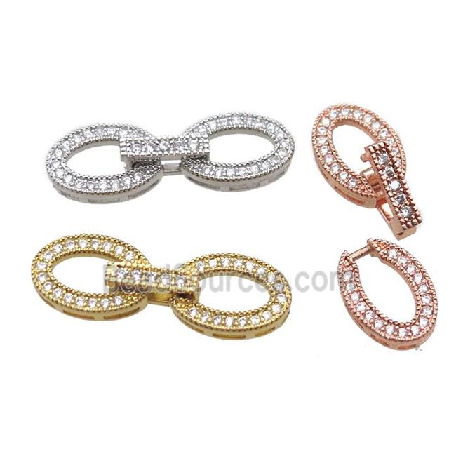 copper connector clasp paved zircon, oval, mixed color