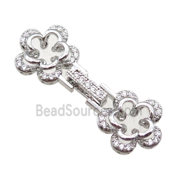 copper connector clasp paved zircon, flower, platinum plated