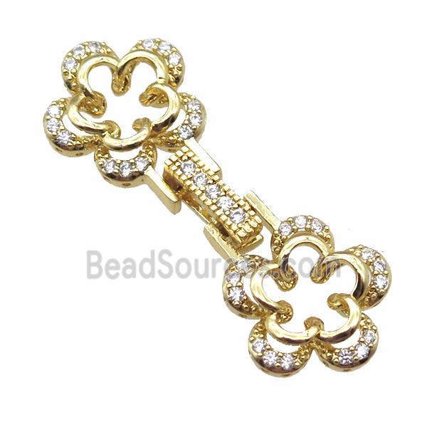 copper connector clasp paved zircon, flower, gold plated