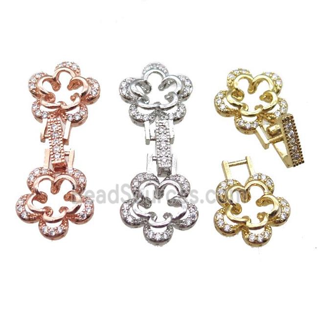 copper connector clasp paved zircon, flower, mixed color