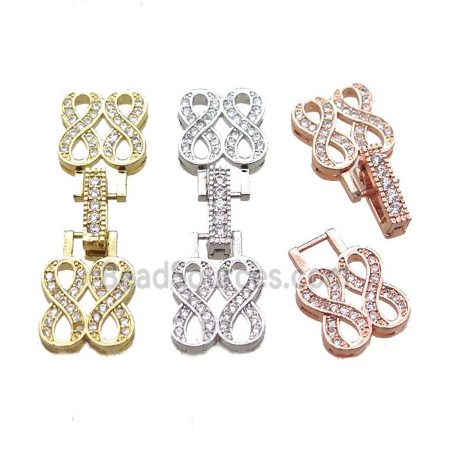 copper connector clasp paved zircon, infinity, mixed color