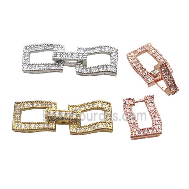 copper connector clasp paved zircon, rectangle, mixed color