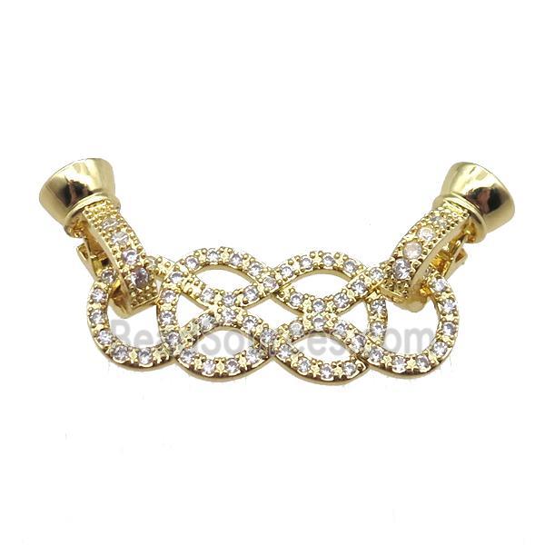 copper connector clasp paved zircon, knot, gold plated