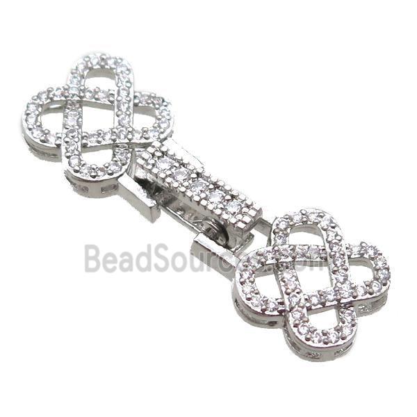 copper connector clasp paved zircon, knot, platinum plated