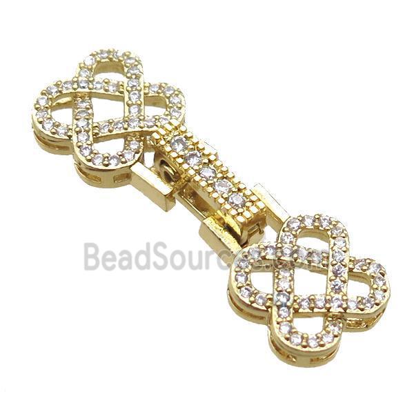 copper connector clasp paved zircon, knot, gold plated