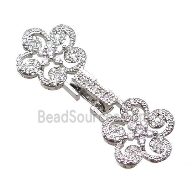 copper connector clasp paved zircon, flower, platinum plated