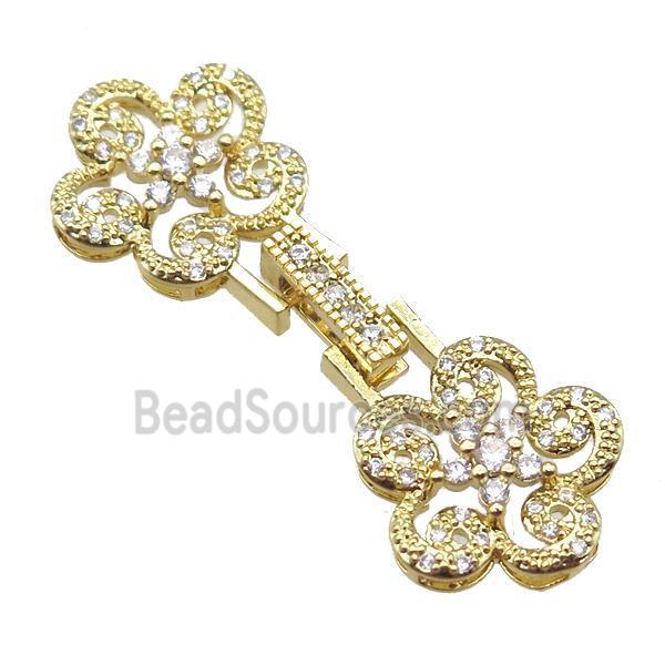 copper connector clasp paved zircon, flower, gold plated