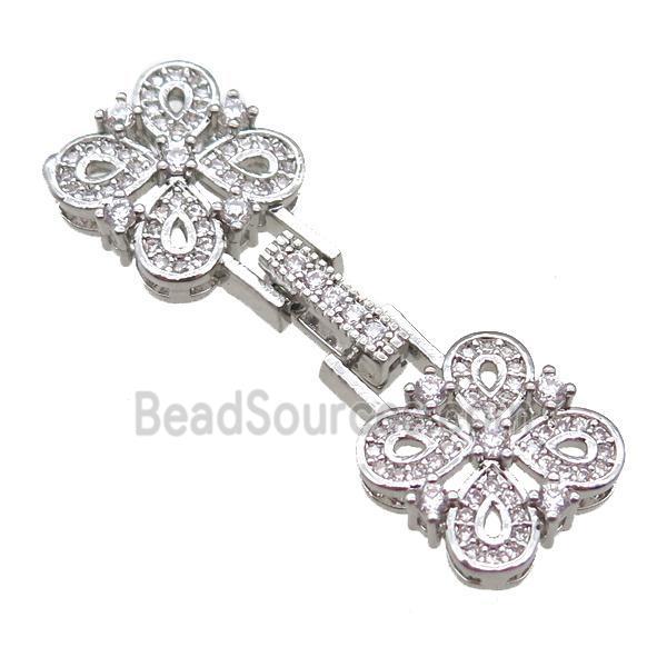 copper connector clasp paved zircon, clover, platinum plated