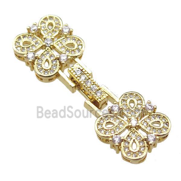 copper connector clasp paved zircon, clover, gold plated